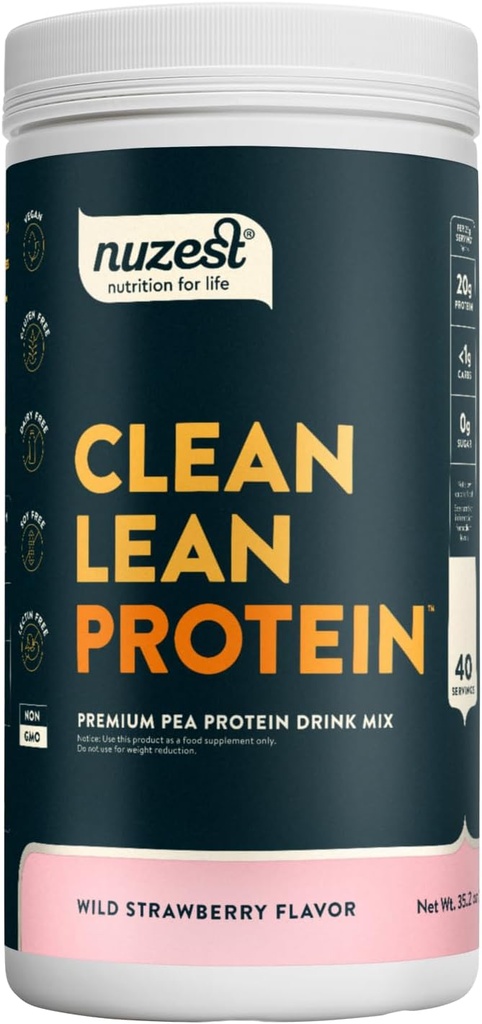 Nuzest - Pea Protein Powder - Clean Lean Protein, Premium Vegan Plant Based Protein Powder, Dairy Free, Gluteeniton, GMO-vapaa, luonnollisesti makeutettu, Wild Mansikka, 40 Tarjoilua, 2,2 lb