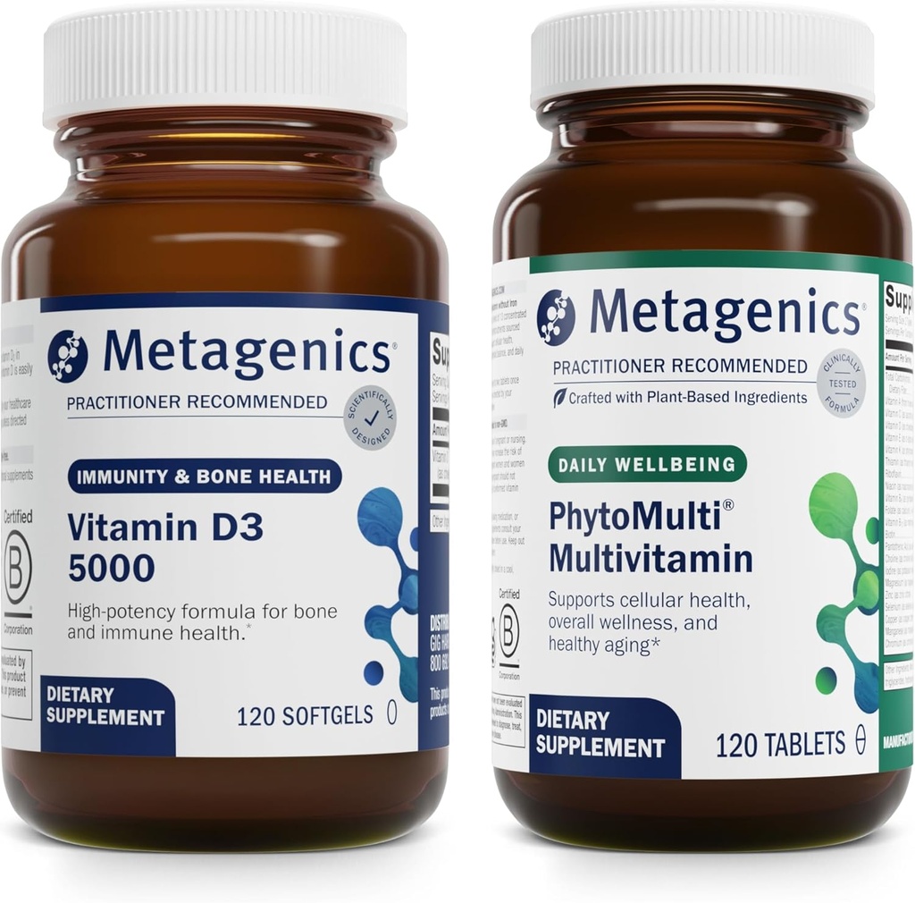 Metagenics Bundle - D3 5000 & PhytoMulti Without Iron - 120 Softgels of D3 5000 for Immune Support, Bone Health & Heart Health - 120 Tablets of PhytoMulti Without Iron for Global Health & Aging