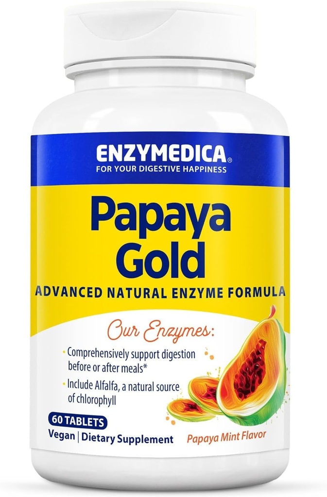 Enzymedica Papaya Gold, 具有天然有机Papaya & Chlorophyl 的高级消化酶, 用于综合消化支持, 高发性Bromelain & Papain, Vegan, Mint, 60可切片