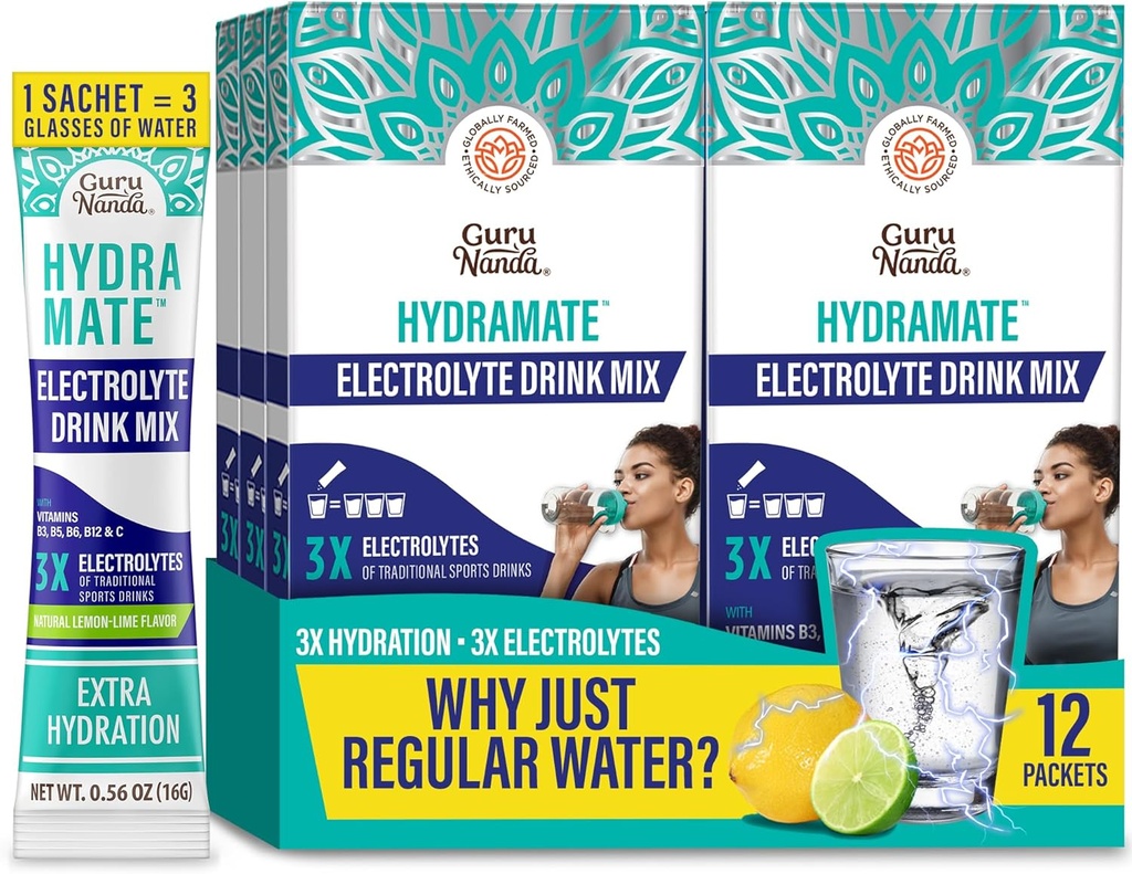 GuruNanda Hydramate Hydration Support Drink Mix - Electrolyte Powder Packets for Dehydration, Exercise " Energy - No Added Sweeteners, Non-GMO, Natural Lemon Lime Flavor - 12 count (0.56 oz each)