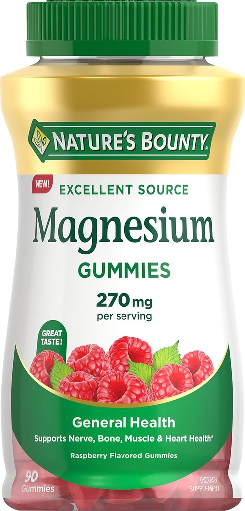 Nature's Bounty Magneziu Citrate Gummies pentru adulți, susține sănătatea generală, Bone, Nervi, Muscle & Heart Health Support, 270mg per Serving, Vegan, Non-GMO - Raspberry 90 Count