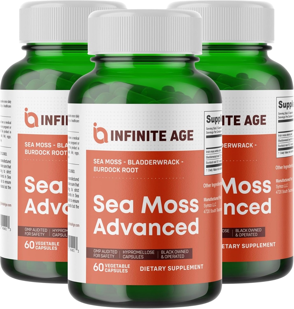 Infinite Age 3 Pack med 1250mg Sea Moss Advanced Superfood Capsules, 180 Count - High-Potency, Vegan, Made in the USA - Irish Seamoss, Bladderwrack, Burdock Root - Total Health, Immunity Support