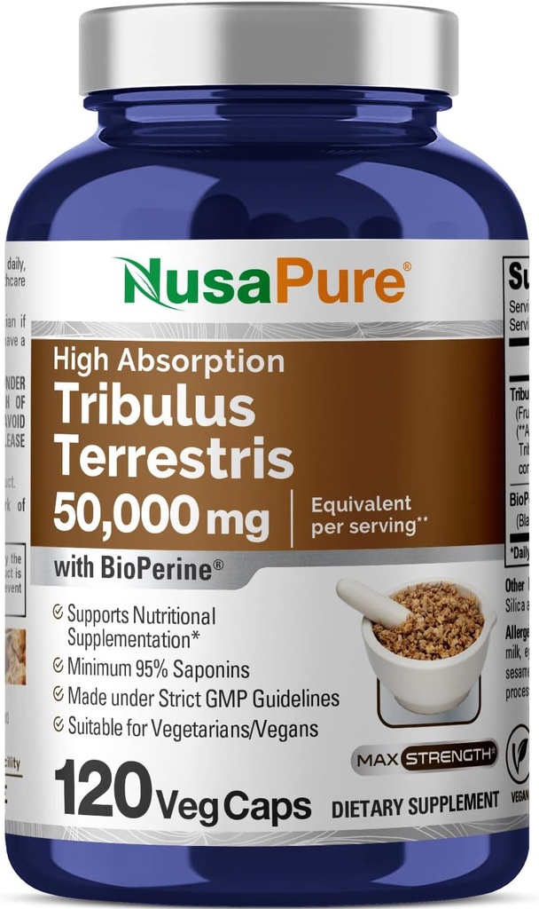NusaPure Tribulus Terrestris 50: 1 Extract, 1000 mg Ekvivalentní k 50,000mg CLAS124; 120 Veggie Caps CLAS124; 95% steroidní saponiny CLAS124; Non- GMO, bioperine