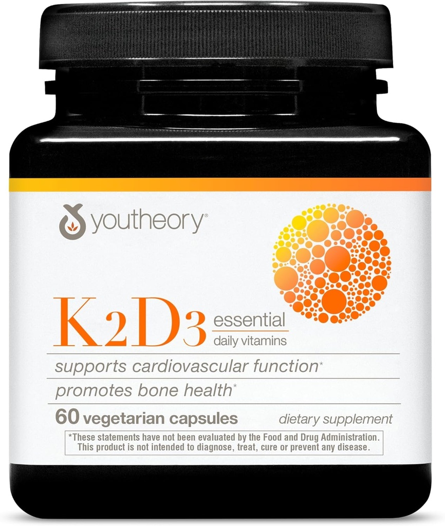 Youtheory K2D3 - Bone & Heart Health Support* - Combina a vitamina D3 e a vitamina K2 - Dairy, Soy e Gluten gratis - 60 cápsulas vexetarianas