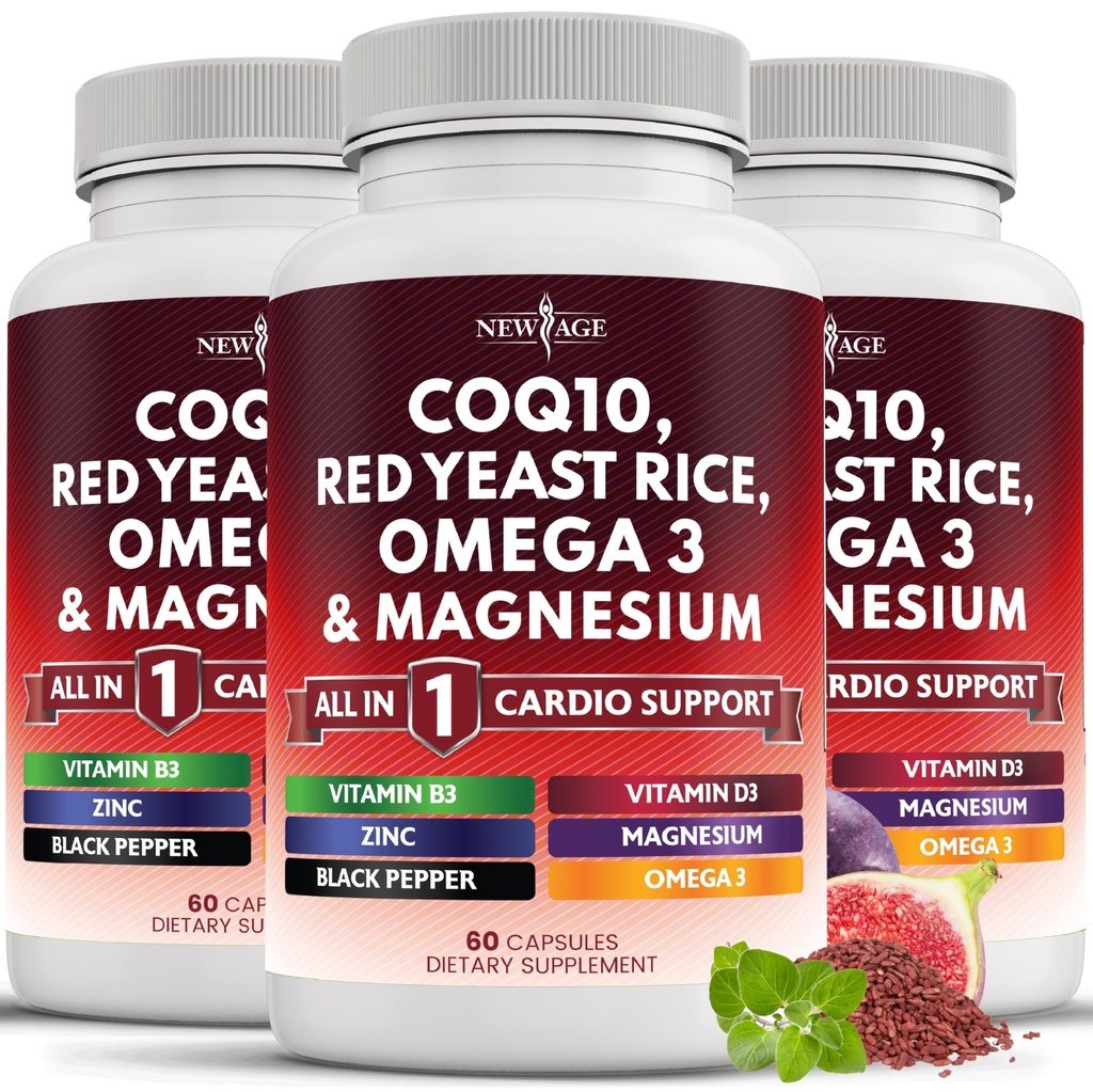 NEW AGE COQ10 200mg Red Yeast Rice Omega 3-6-9 Magnesium Complex Zinc Vitamin K2 D3 - Support Vitamins for Women and Men with Vitamin B3, Coenzyme Q10-180 Count