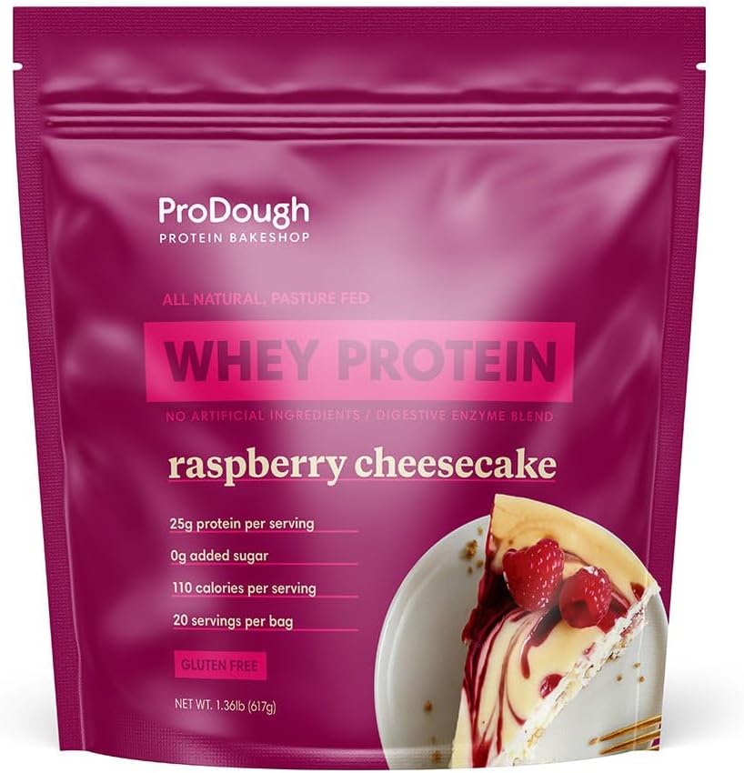 ProDough Gourmet Whey Изолирайте хидролизиран протеин на прах за разклащане Mix- Easy Digest Enzyme Blend, 25 грама протеин на обслужване, естествени съставки, Gluten Free, Keto Friendly (Rasberry Cheesecake)