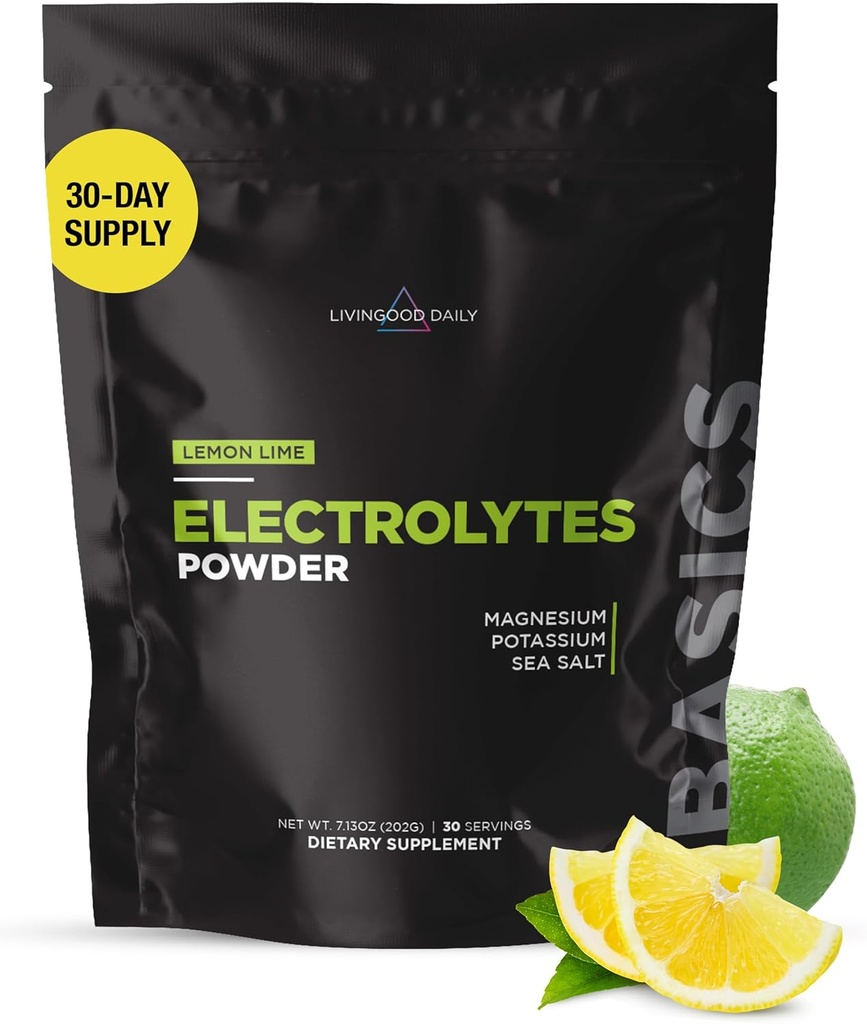 Livingood Daily Electrolytes Powder, Electroliti Hidratare Drink Mix cu vitamina C, Magneziu, Sare Taurină & Marea, Supliment Electrolit pentru Energie & Hidratare, Keto, Aroma de lămâie, 30 Serviri