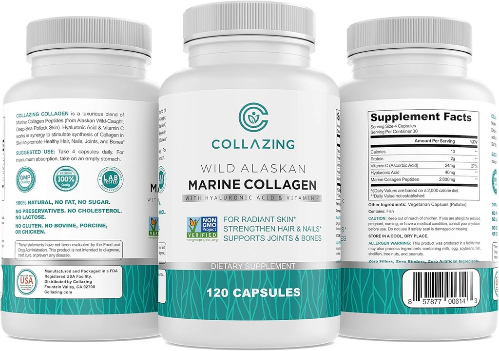 אלסקה Wild-Caught Marine Collagen Peptides עם Hyaluronic Acid & ויטמין C - תומך עור, שיער, ציפורניים, מפרקים ועצמות - סוג 1 ו 3 קולן לנשים וגברים - 120 קפסולות אבקה
