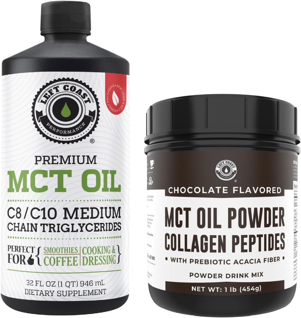 Left Coast Performance 100% Coconut MCT Oil Liquid, 32oz + σοκολάτα Keto MCT σκόνη, κολλαγόνο & προβιοτική Fiber, 16oz