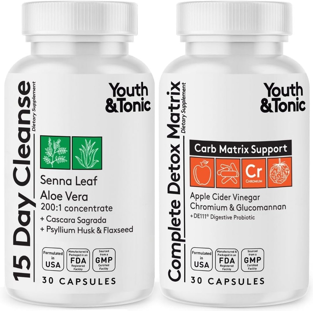 Youth & Tonic 15 Day Cleanse & Carb Matrix Support for Bloating, Gut & Metabolism Health, Break The Plateau, Feel Lighter & Energized, Colon Cleanser & Detox con ACV, Glucomannan, Chromium, 60 Pills