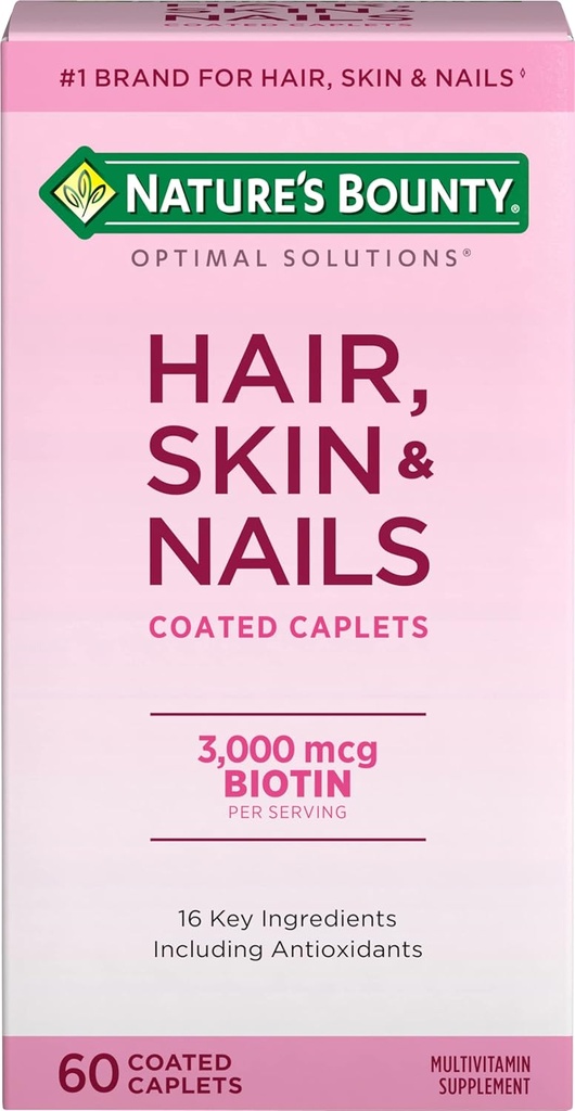 Nature's Bounty Optimal Solutions Saç, Skin & Nails Formula, 3,000 mcg Biotin, 60 örtüklü Caplets, 20 Ümumi Xidmətlər