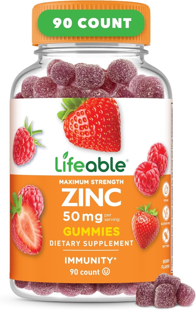 Gummées de zinc vivaces de 50mg de Grande Dégustation de vitamines naturelles de zinc Saveur de gluten, Végétarien, Sans OGM Zinc à mâcher de 90 Gummées