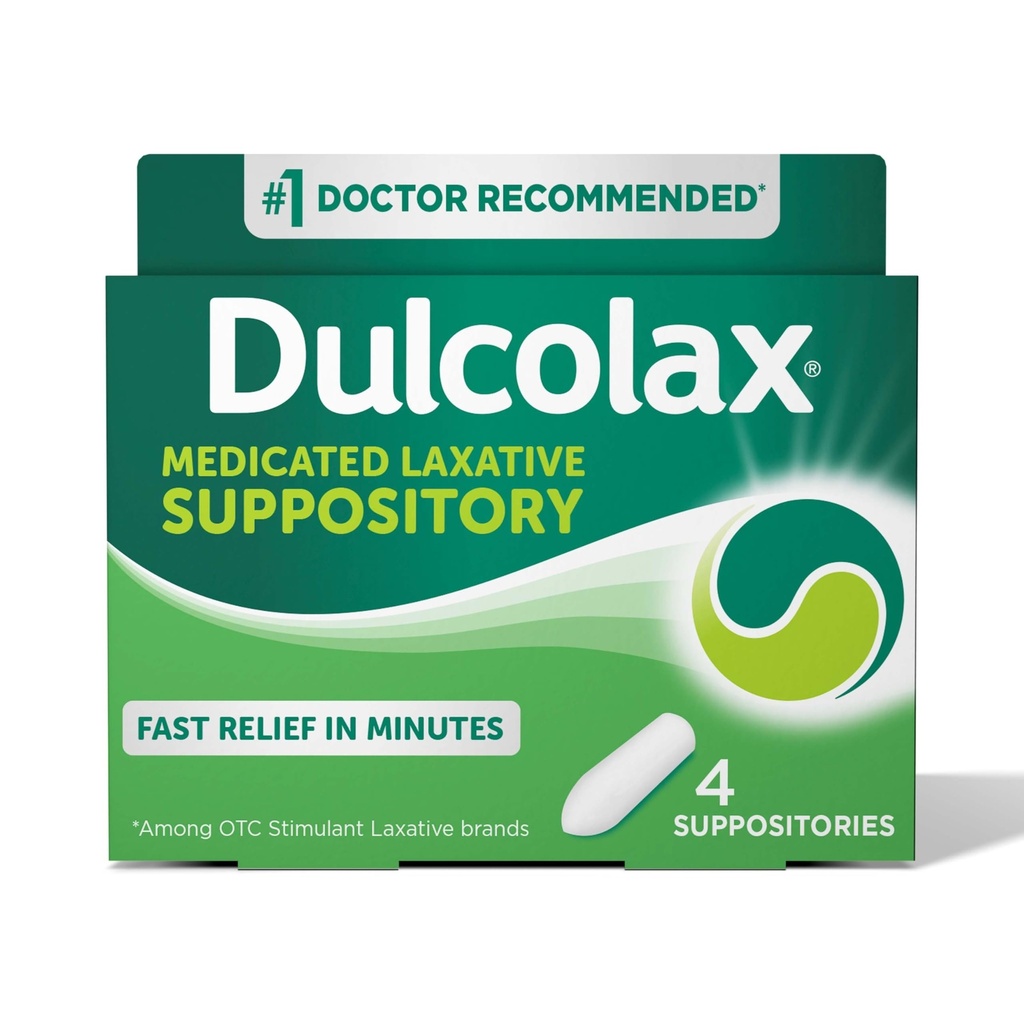 Dulcolax Stimulant Laxative Medicated Suppositories, Predictable & Effective Constipation Relief, Bisacodyl 10 mg, 4 Count