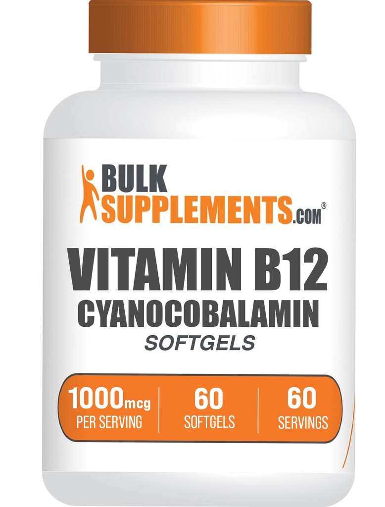 BulkSupplements.com Vitamin B12 Softgels - Vitamin B12 Supplement, as Cyanocobalamin - Gluten Free, 1 Softgel per Serving (1000mcg), 60 Count (Pack of 1)