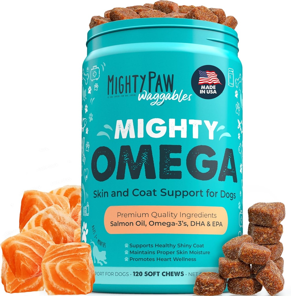Mocný Paw Waggables Mighty Omega (Vyrobené v USA, 120 gróf)  Lososový ochutený pleť a košík doplnok. Mäkký žuvací rybí olej pre psy - DHA & EPA, slaninová chuť