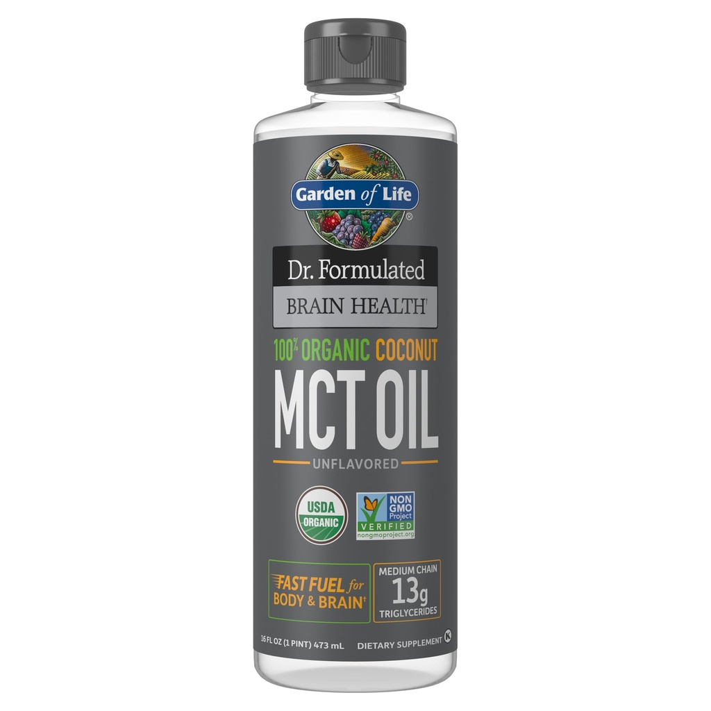 Garden of Life Dr. Formulated Brain Health 100% Organic Coconut MCT Oil 16 fl oz Unflavored, 13g MCTs, Body & Brain Fuel, Certified Non-GMO Vegan & Gluten Free, Hexane-Free