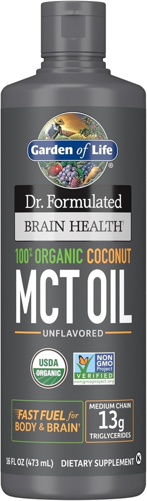 Ogród Życia Dr. Spreparowane Zdrowie Mózgu 100% Organic Coconut MCT Oil 16 fl oz Unflavored, 13g MCTs, Body & Brain Fuel, Certified Non-GMO Vegan & Gluten Free, Hexane- Free