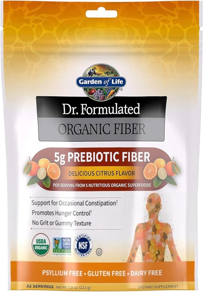 Garden of Life Dr Formulated Organic Fiber Supplement Powder Citrus, Sugar Free, Psyllium Free Prebiotic Superfoods, Constipatie Relief and Hunger Control for Men and Women, 32 Servers