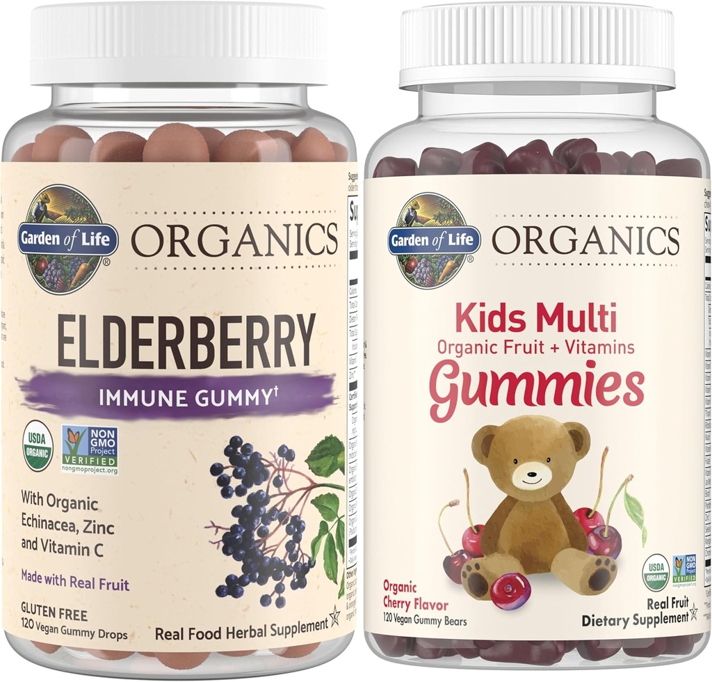 Life Organics Kids Immune Paket - Yaşlıberry Immune Support Gummies (120 Count) + Sertifikalı Organic Uşaqlar Multivitamin Gummies, Gluten Pulsuz, Cherry (120 Count)