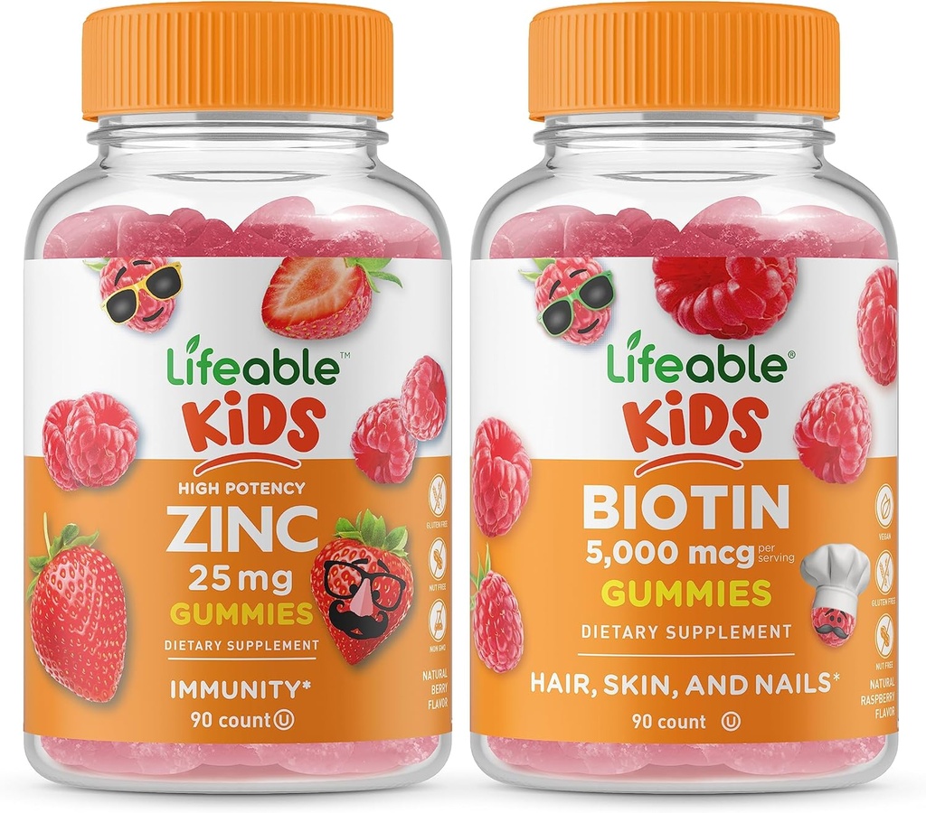 Zinc Lifeable 25mg Kids + Biotin Kids, Gummies Bundle - gran sabor, suplementos de vitamina, Gluten gratis, GMO gratis, Gummy Chewable