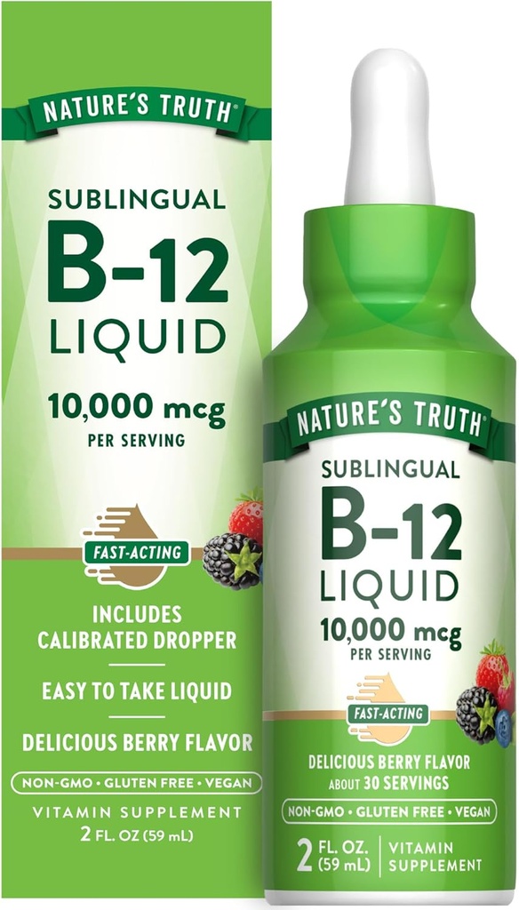 Nature's Truth B12 Sublingual Liquid Drops | 10,000 mcg | 2 oz | Fast Acting | Vegan, Non-GMO & Gluten Pulsuz