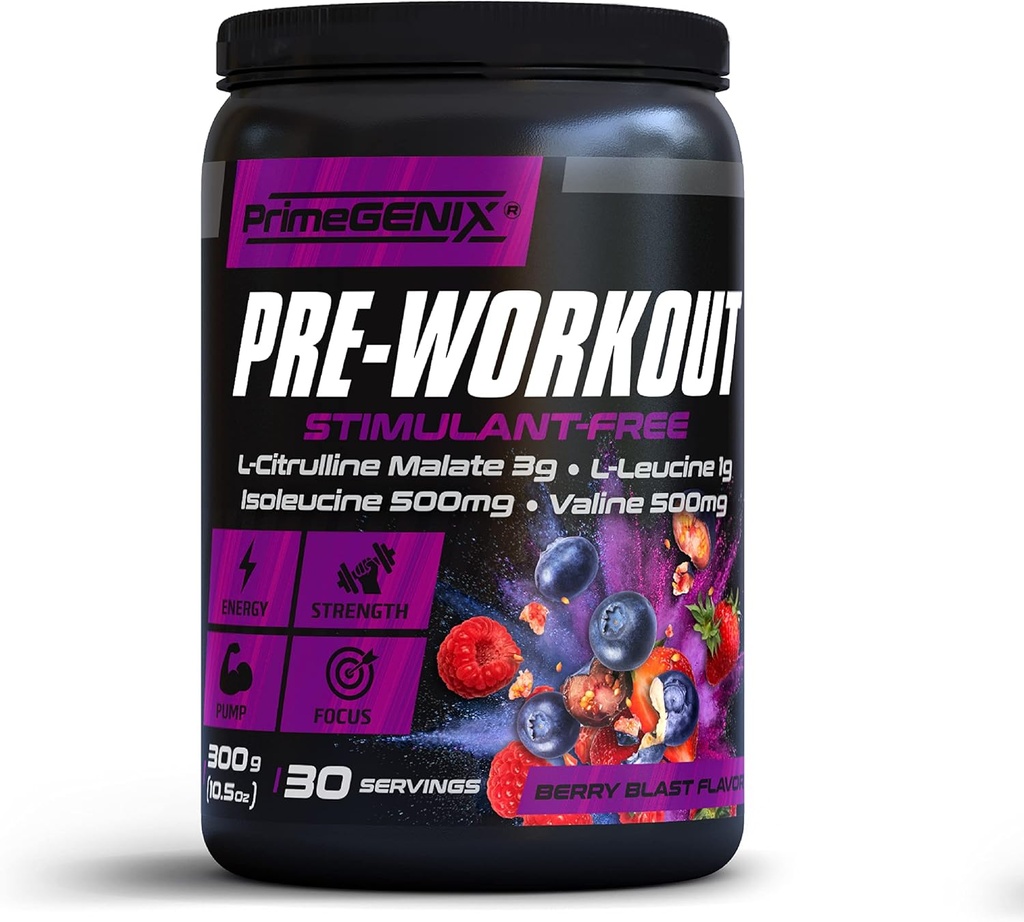 Stimulant-free Pre Workout Powder za moške in ženske - Energy Boost Drink z Beta Alanine, L Citrulin - Made in USA, 30 Servings