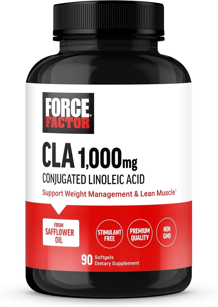FORCE FACTOR CLA Doplnky, CLA 1000 mg, Konjugovaná kyselina linolová na podporu zloženia tela a Lean svalovej hmoty, vyrobené z požltového oleja, stimulant bez, non-GMO, 90 Softgels