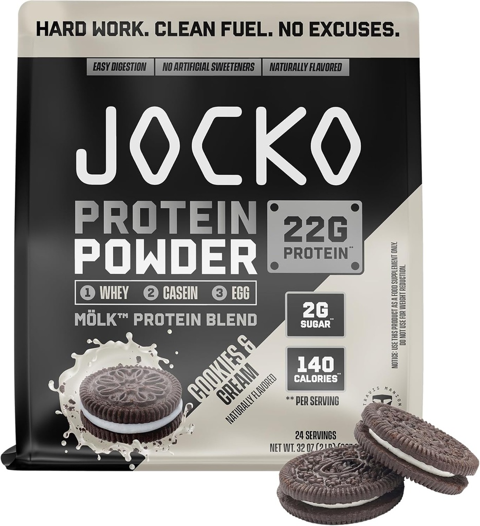 Jocko Fuel Mölk Whey Protein Powder - Keto, Probiotics, Verdauungsenzyme, Aminosäuren, Low Sugar Monk Fruit Blend - Unterstützt Muskelrückgewinnung und Wachstum (24 Servierungen, Cookies & Cream)