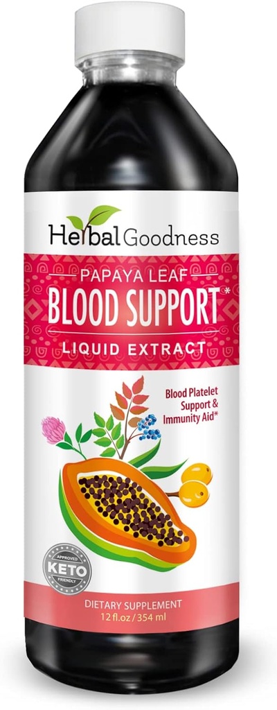 Papaya Leaf Blood Support Líquido - 15X Força - Papaya Leaf Extract - Plaquetas Saudáveis, Limpeza de Sangue, Digestão, Enzima de Papaya - 12oz Líquido - Bondade de Ervas (1 bttl)