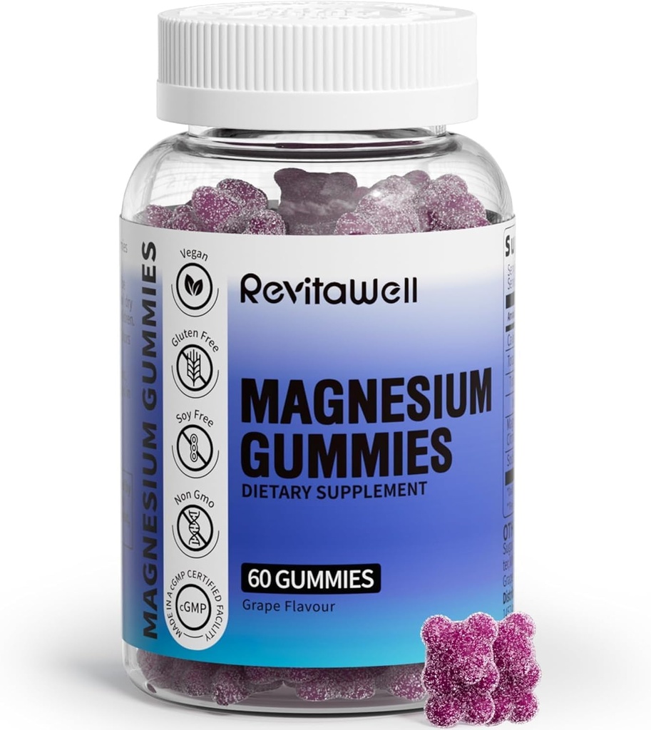 Gummies de magnesio con 2100mg de magnesio glicinato e citrato de magnesio (200mg magnesio elemental), magnesio de Calm para adultos Usado para o sono, músculo, ósos, enerxía e arte, sabor de uva