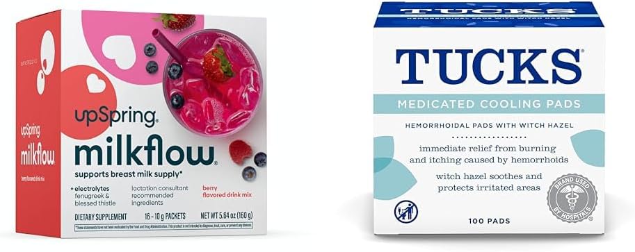 UpSpring Milkflow Electrolyte Bularreko elikadura osagarria Edari nahastua Fenugreekekin | Berry Flavor | 16 edari nahasketak + TUCKS Medicated Cooling Pads, 100 Count