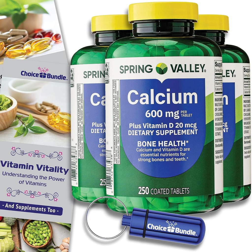 Choice Bundle Spring Valley Calcium Plus Vitamin D Tablets 600 mg 250 Ct 3 pk (750 Total) + "Vitamin Vitality" Guide & Pill Container (5 artigos)