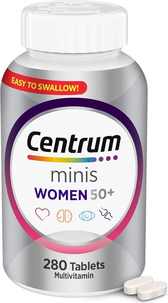 Centrum Minis sølv kvinners multivitamin for kvinner 50 Plus, multimineralt kosttilskudd med vitamin D3, B vitaminer, ikke-GMO ingredienser, støtter minne og kognisjon hos eldre voksne - 280 Ct