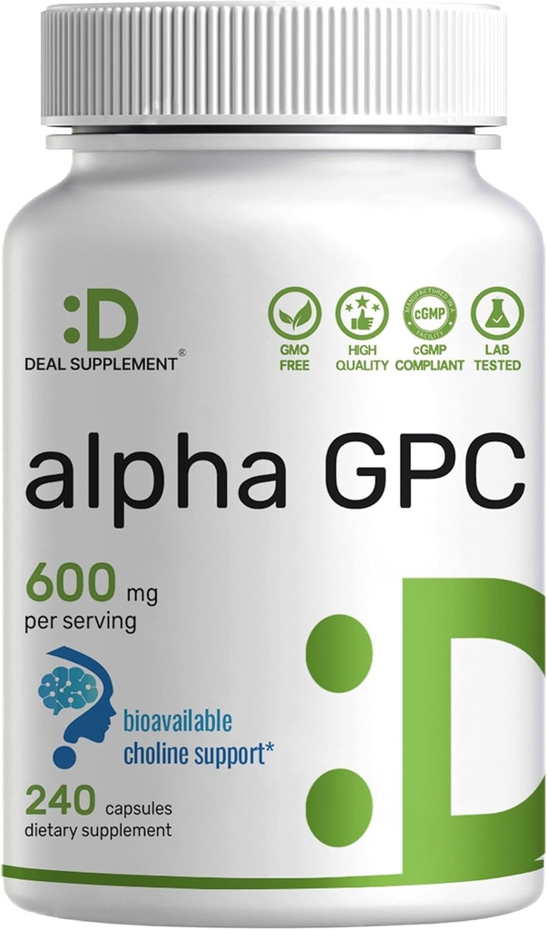 Alpha GPC 600mg Per Serving, 240 kapsler – Biotilgjengelig Choline Replenishment –Nootropisk Hjerne Helsetilskudd for hukommelse og fokus – Ikke-GMO, Glutenfri