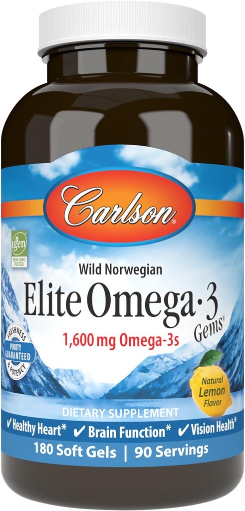 Carlson - Elite Omega-3 Gems, 1600 mg Omega-3 incloent-hi l'EPA i DHA, el noruec, el petroli de peix Salvat suplementariment, Sutainment codid, Llimona, 180 Softlis
