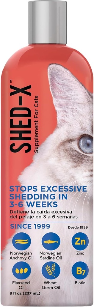 Suplemento de gatos líquidos Shed-X, 8oz - 100% natural - defensa de herbas, axuda o derramamento excesivo de gatos con suplementos de ácidos graxos esenciais, vitaminas e minerais