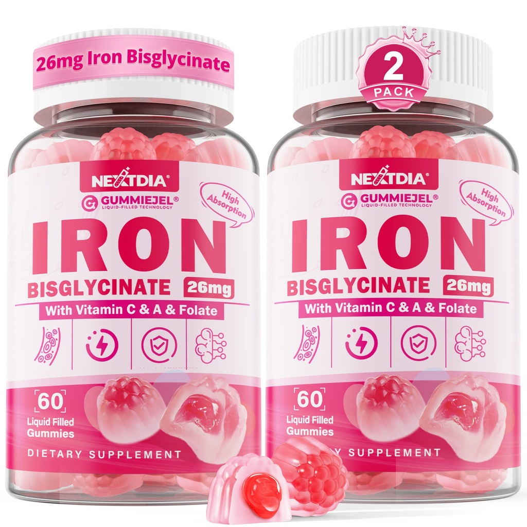 Iron Bisglycinate 26mg Filled Gummies- Gentle Beet Root Iron Gummy plus Vitamin C, Supplement Iron with B12 & Folate for Women & Men, Iron Deficiency, Immune & Energy Support, Sugar-Free, Vegan,120Cts