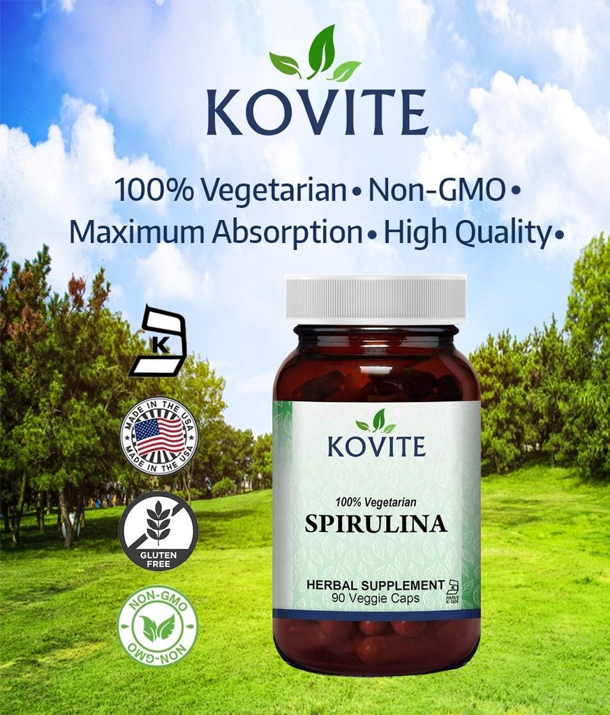Spirulina kapsulak - 90 kapsula begetal - 450 mg Spirulina hauts organikoa - Kosher eta Vegan