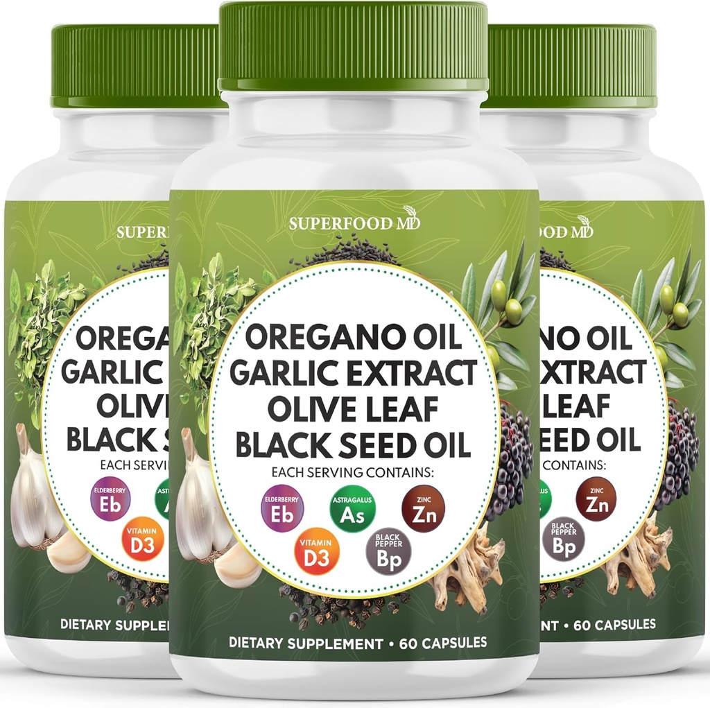 Oregano Oil Garlic Özü Olive Leaf Black Seed Oil Astragalus - Immune Qadınlar və Men- 180 Count üçün əlavə
