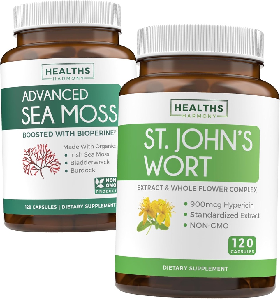 Sea Moss & St. John's Wort (2-Month Supply) Mood Moss Blend - Organic Sea Irish Moss - Raw Vegan Supplement (120 Caps) & St John's Woort with Powerful 900mcg Hypericin Vegan Non-GMO (120 Capsule)
