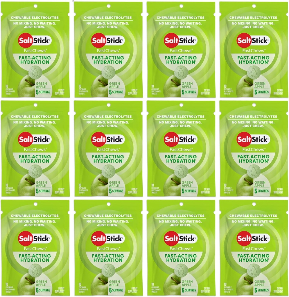 SaltStick Electrolyte FastChews - 120 Count Green Apple Flavor - טבליות אלקטרוליטיות עבור הידרה, Salt Tabs - 10 Count (Pack של 12)