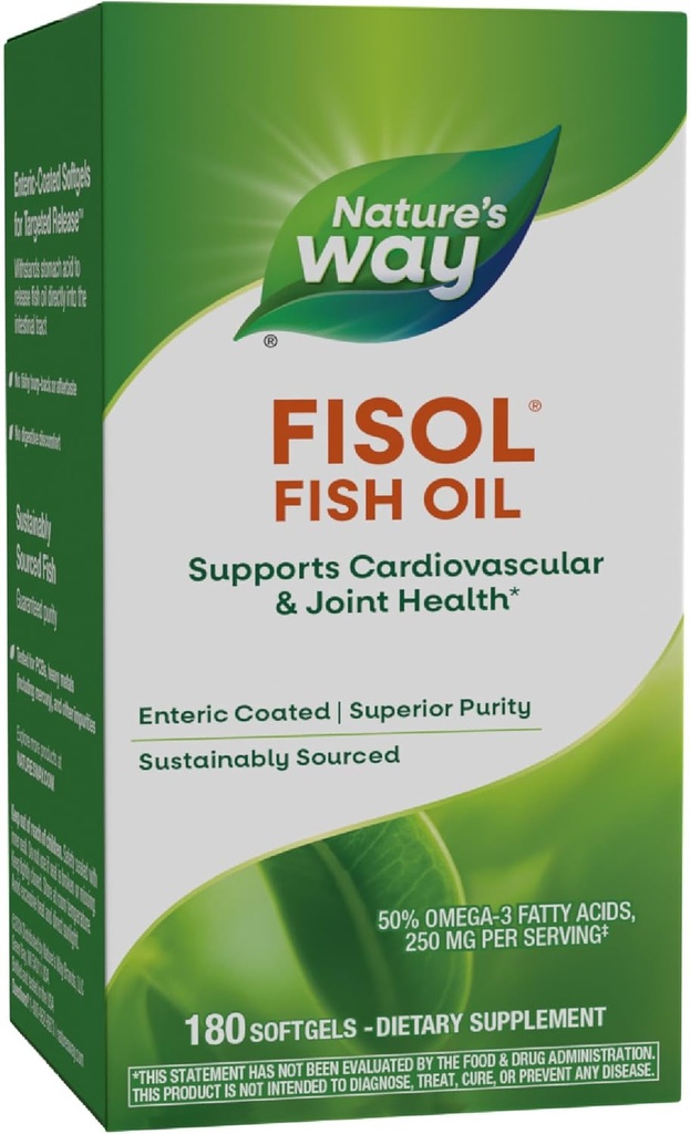 Nature's Way Fisol Fish Oil, Enteric Coated, Supports Cardiovascular and Joint Health*, Mega Potency Omega-3s, 180 Softgels (Packaging May Vary)
