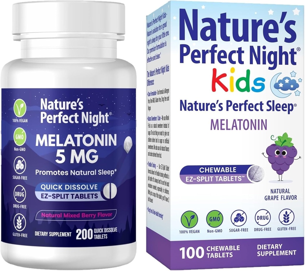 Nature 's Perfect Night Bundle 124; Melonatin 5mg 124; Anak-anak Melonatin 1mg 124; 200 Count 124; 100 Count 124; Sugar Free 124; Gluten Free 124; Non-GMO 124; Vegan