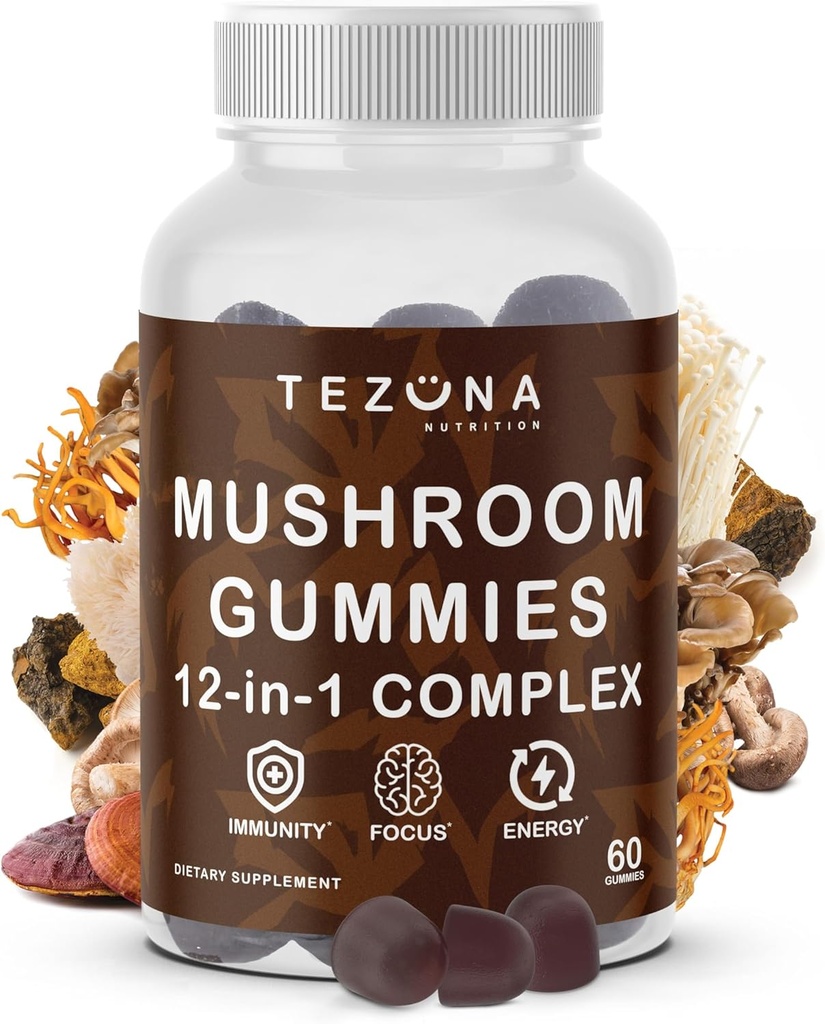 Mushroom Gummies 2 Pack, 12-σε-1 Complex Supplement 3000mg - Lions Mane, Turkey Tail, Reishi, Cordyceps, Mushrooms Extract - Nootropic Brain Supplement for Memory and Focus, Boost Inunity and Energy