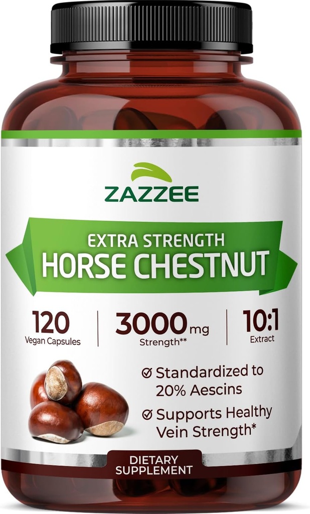 Zazzee ekstra styrke hesten kastanje 10:1 ekstrakt, 3000 mg styrke, 20% aescins, 4 måneders forsyning, 120 vegan kapsler, konsentrert og standardisert 10X ekstrakt, all-naturlig, ikke-GMO, laget i USA
