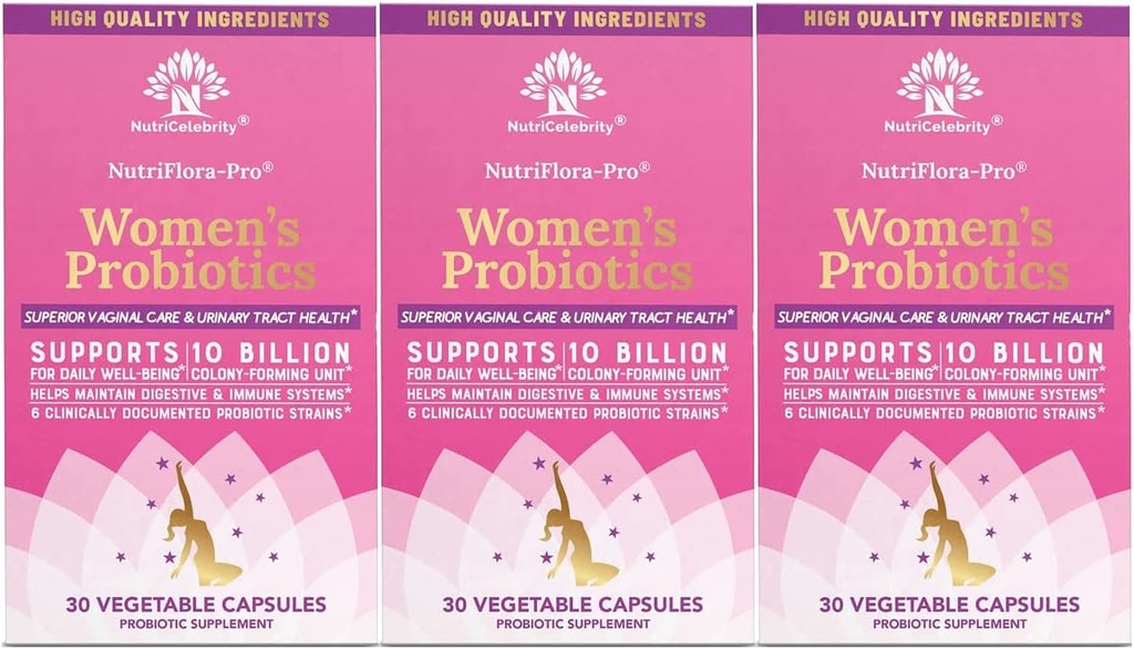 Nutricelebrity Probiotika til kvinder 10 Millioner CFU 6 Strops, Organic Prebiotics til fordøjelse, vaginal & immunforsvar, PH Balance & Feminin Health, Periode Pain, BV Relief, Cranberry Extract + 3 Pack