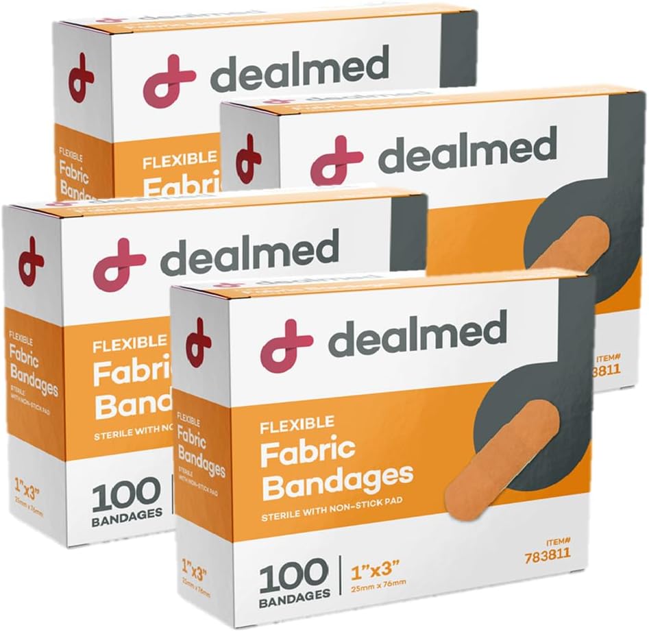 Dealmed Sterile Flexible Fabric Adhesive Bandages - 1x3 Inch - 100 / Box - 4 Box - Breathable Aid Strip Pertama Pack - Soft Stretch Weund Patch untuk Medical, Kits & Clinic