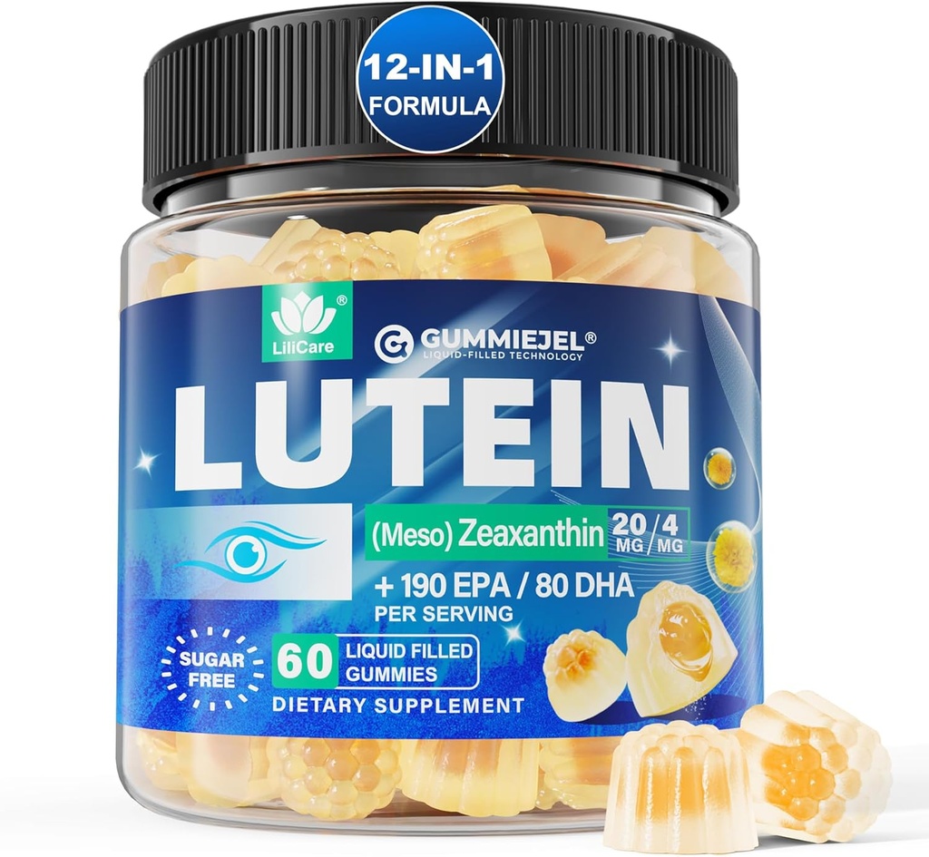 Sugar Free Lutein 20mg 40mg ja Zeaxanthin Gummies silmadele Omega 3 (EPA 190mg & DHA 80mg), Lutein Supplements Eye Vitamiinid Täidetud Gummies Plus Bilberry, Goji Berry & Saffron, Vegan - 60 Count