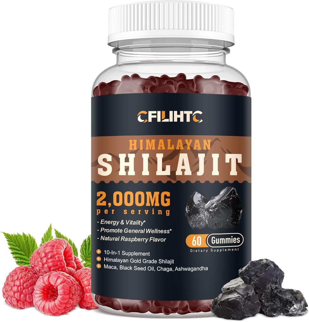 Shilajit Gummies 2000mg - Shilajit Pure Himalayan Organic for Men & Women 85+ Trace Minerals Shilajit Resin med Ashwagandha, Maca, Black Seed Oil - Energi, hjärna, immunitet, Sugar Free Raspberry 60ct