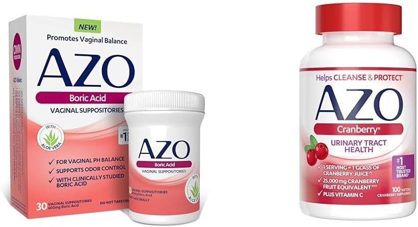 AZO Boric Acid Vaginal Suppositories, axuda a apoiar o control de olor e equilibrio de pH vaxinal e suplementos urinarios de Cranberry, 1 Serving = 1 Glass of Cranberry Juice